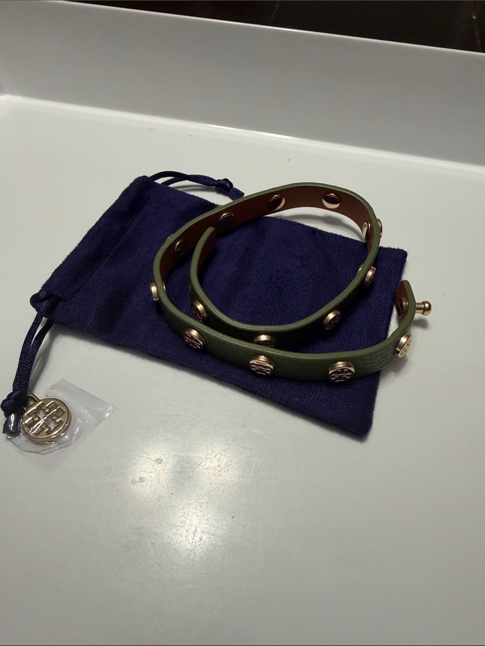 Tory Burch Green Studded Leather Wrap Bracelet with Gold Accents